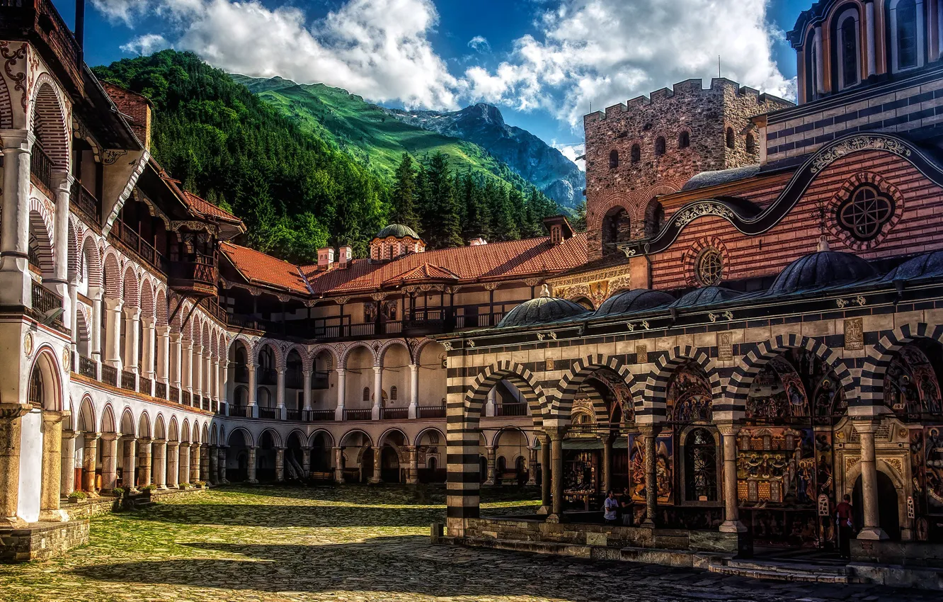 Фото обои горы, архитектура, монастырь, Болгария, Bulgaria, Rila Mountains, Рильский монастырь, Rila Monastery