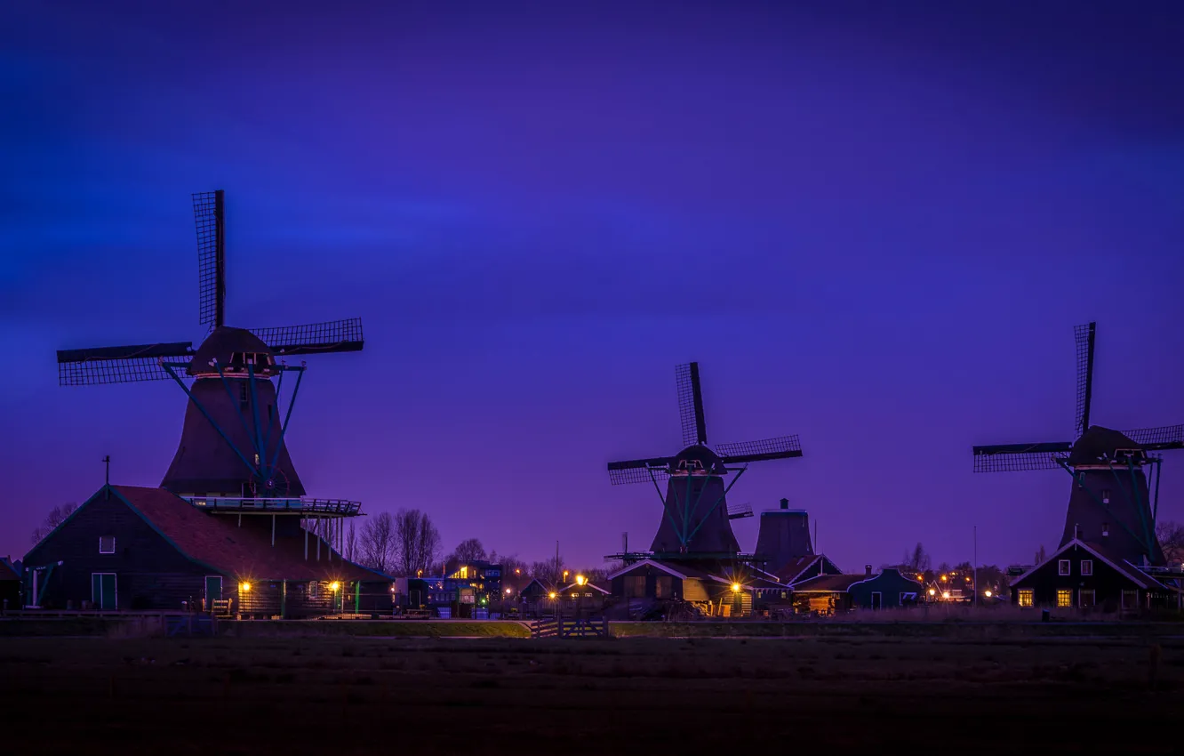 Фото обои ночь, дома, деревня, Нидерланды, ветряная мельница, Заансе Сханс
