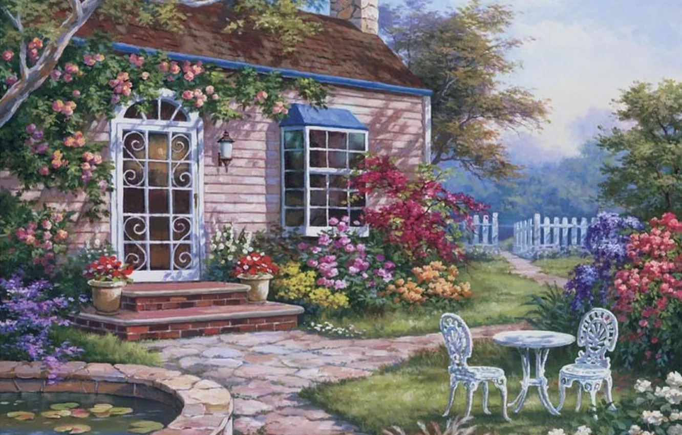 Фото обои цветы, дом, картина, сад, двор, живопись, painting, Sung Kim