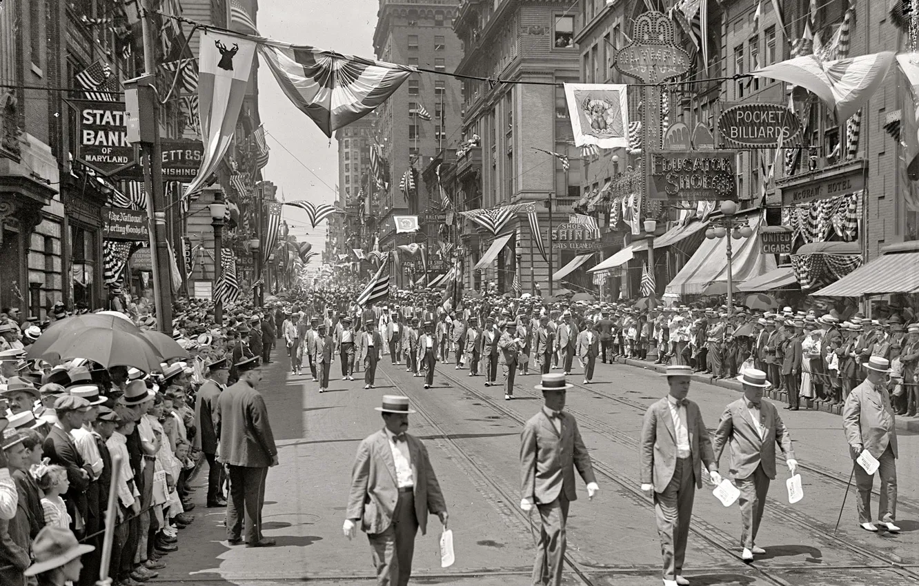 Фото обои ретро, праздник, улица, дома, США, парад, Балтимор, 1916-й год