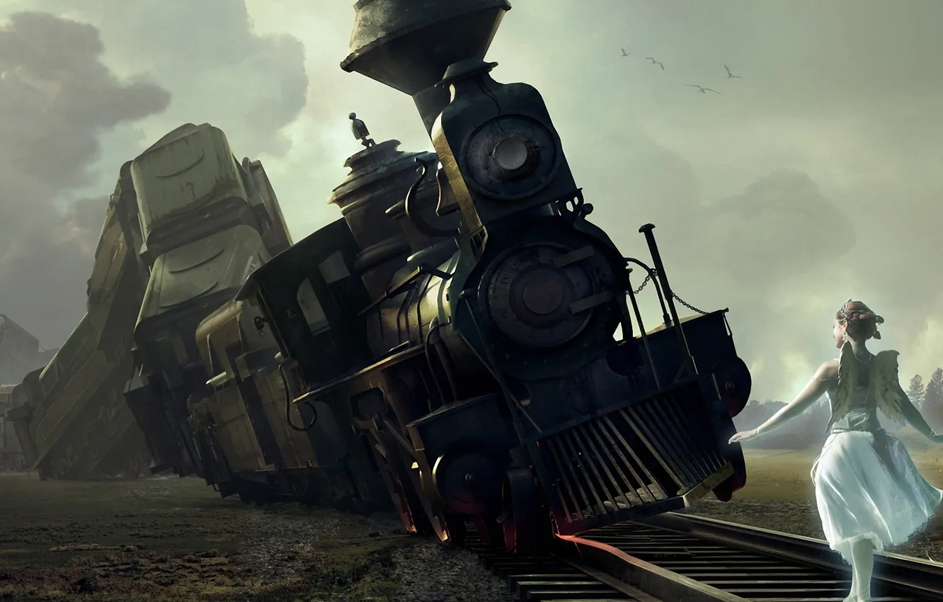 Фото обои девушка, поезд, крушение, крылья, катастрофа, арт, железная дорога
