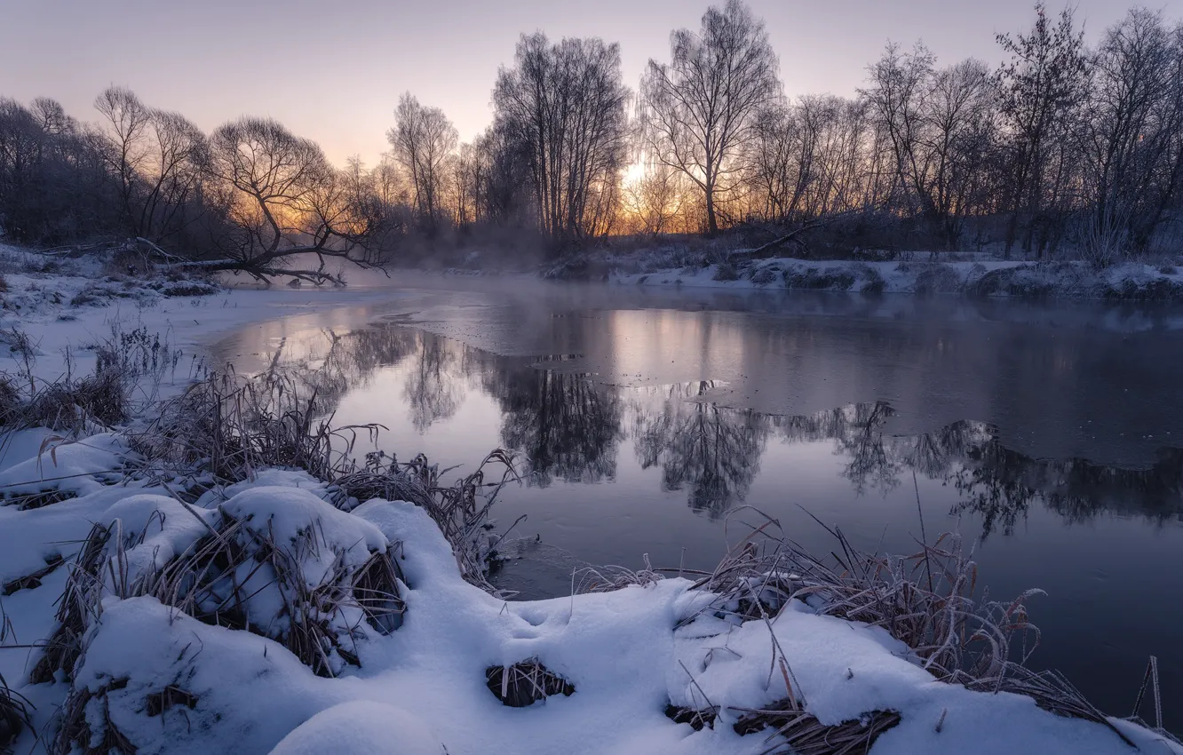 Фото обои зима, снег, деревья, пейзаж, природа, река, рассвет, лёд