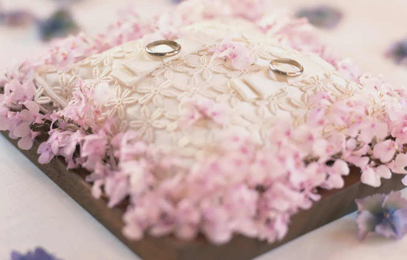 Фото обои фон, розовый, обои, кольца, подушка, свадьба, праздники, обручальные