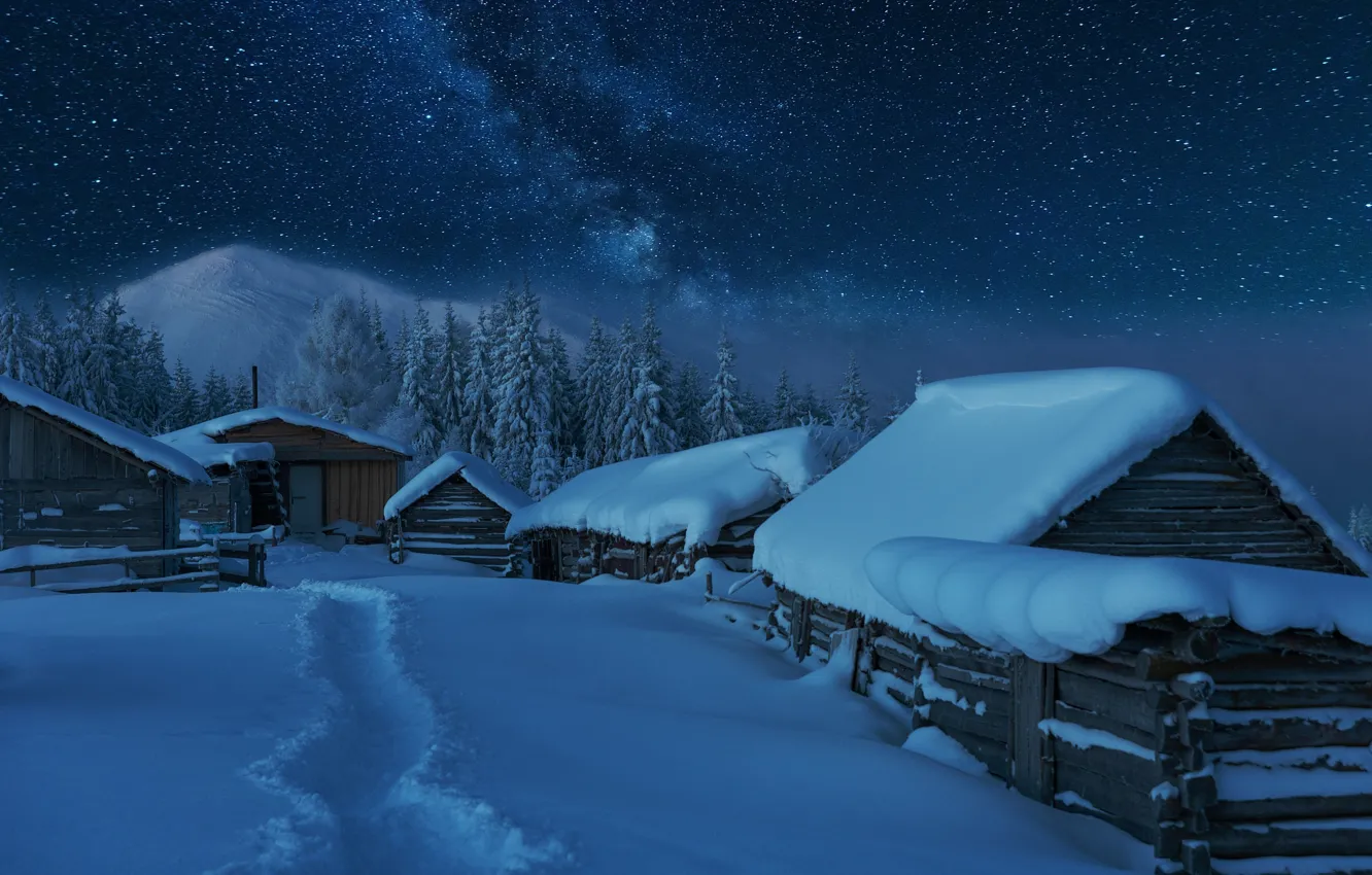 Фото обои зима, снег, ночь, деревня, домики