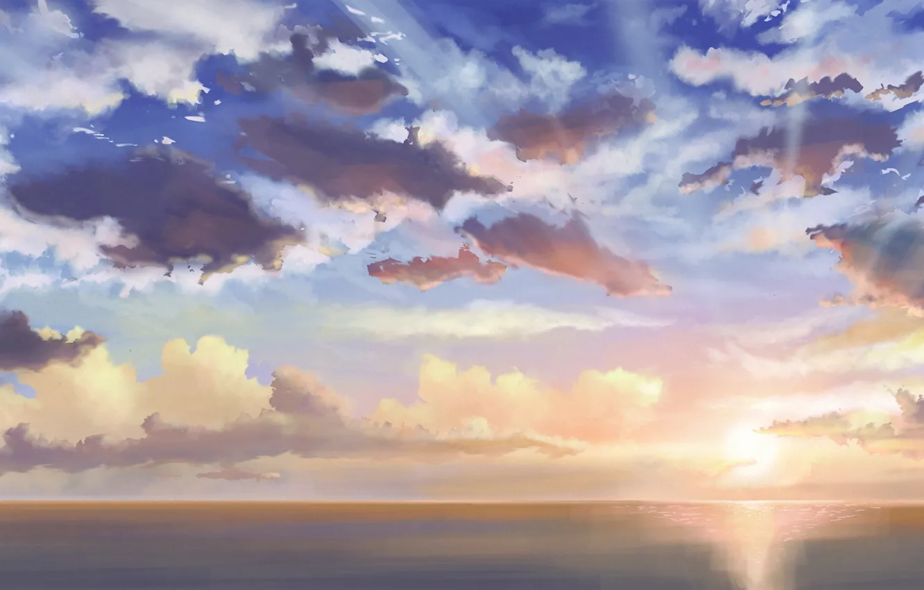 Фото обои море, небо, облака, горизонт, арт, pecoanimenote