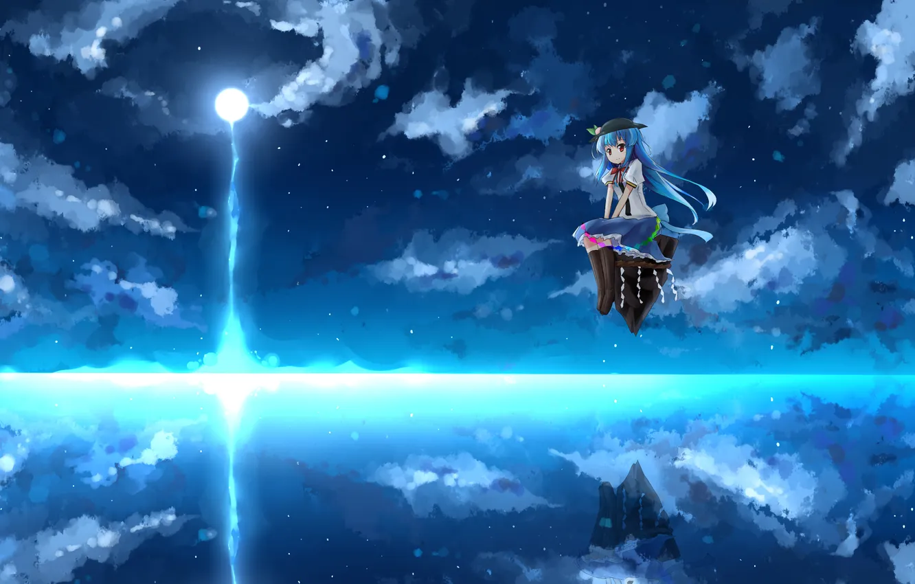 Фото обои вода, ночь, скала, отражение, луна, арт, touhou, hinanawi tenshi
