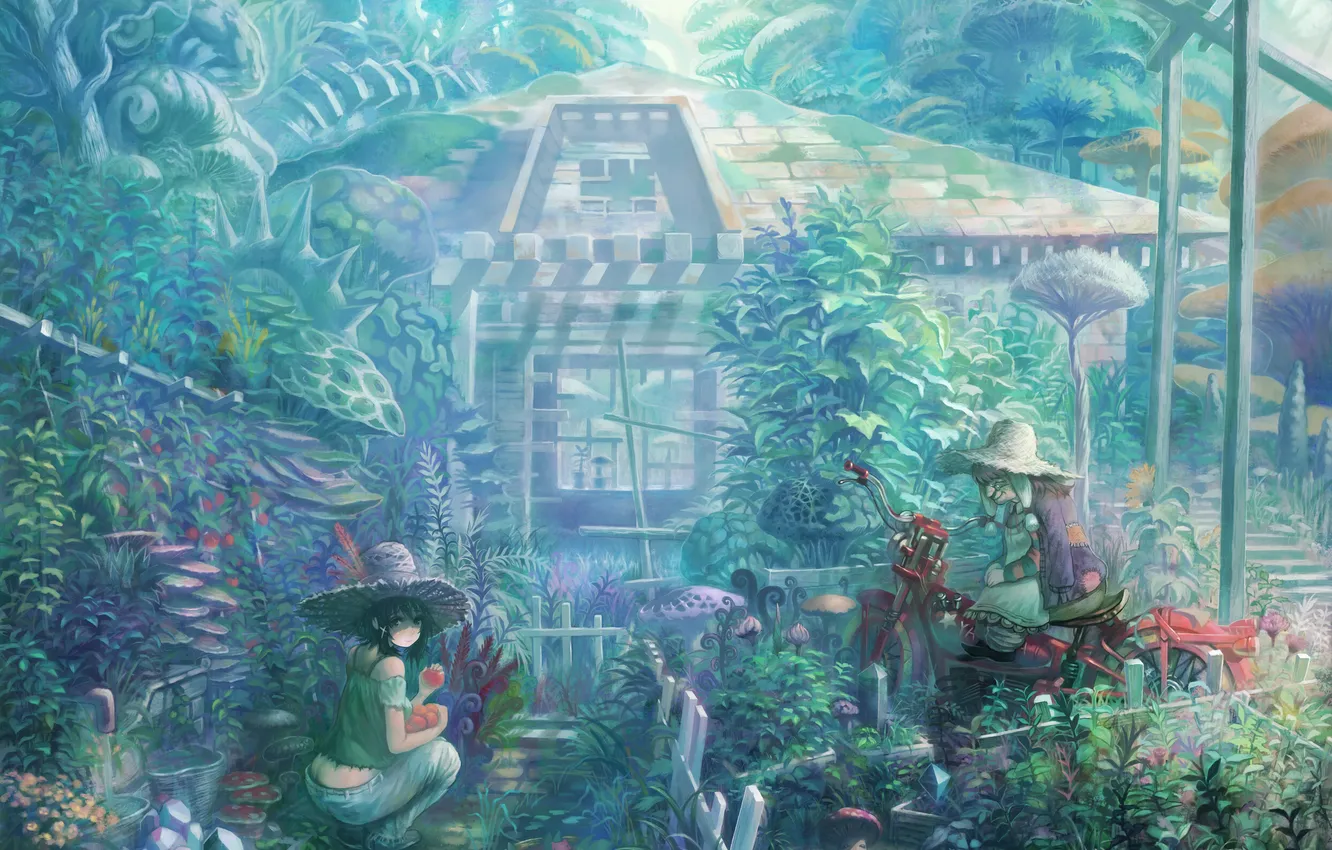 Фото обои девушка, дом, мир, грибы, мотоцикл, старушка, sakai yoshikuni (artist)