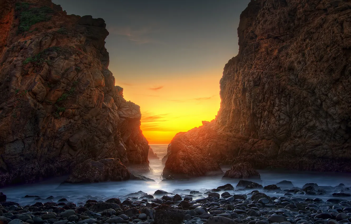 Фото обои песок, пляж, океан, скалы, рассвет, USA, California