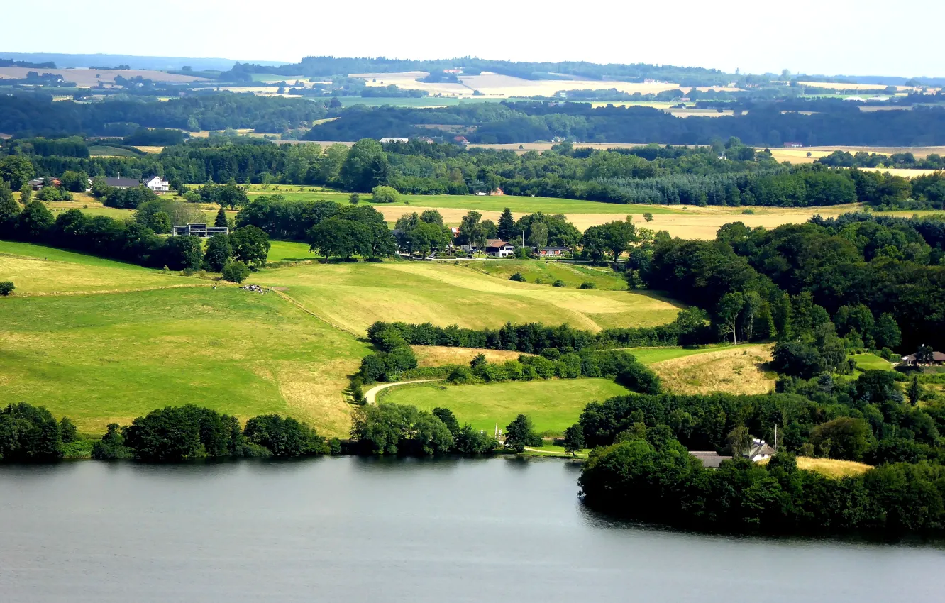 Фото обои Озеро, Панорама, Дания, Деревня, Поля, Пейзаж, Landscape, Village