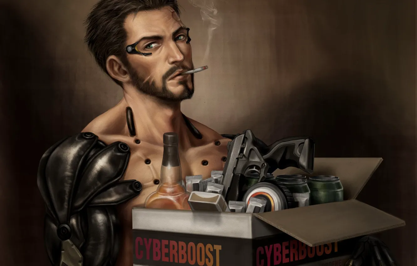 Фото обои коробка, сигарета, киборг, курит, Deus Ex: Human Revolution, deus ex, Adam Jensen, Deus Ex: Mankind …