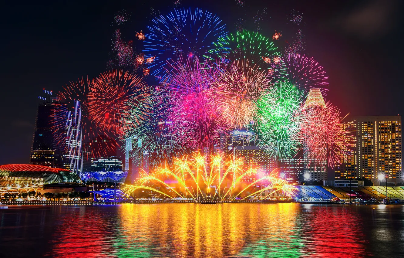 Фото обои ночь, city, огни, салют, colorful, Новый Год, фейерверк, happy