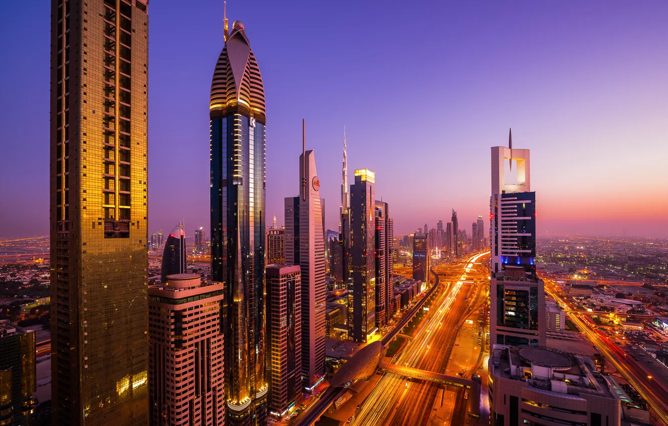 Фото обои город, огни, дома, вечер, выдержка, Дубай, Dubai, ОАЭ