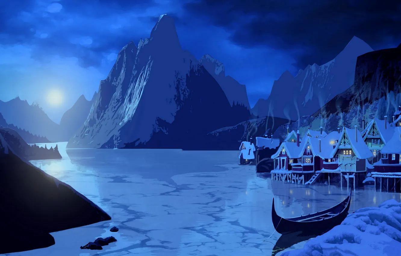 Фото обои снег, пейзаж, горы, ночь, огни, озеро, луна, дым