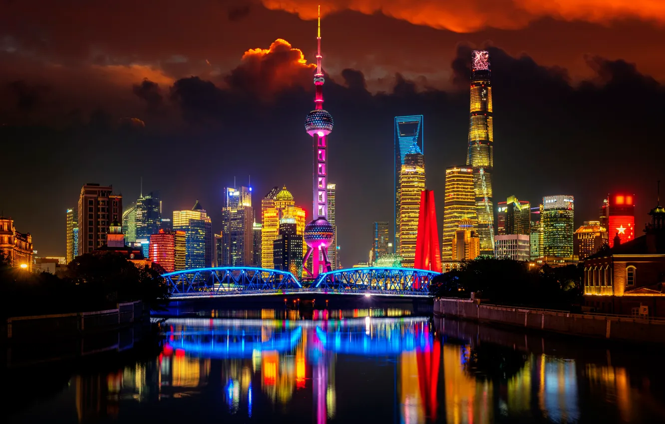 Фото обои мост, река, China, здания, Китай, Shanghai, Шанхай, ночной город