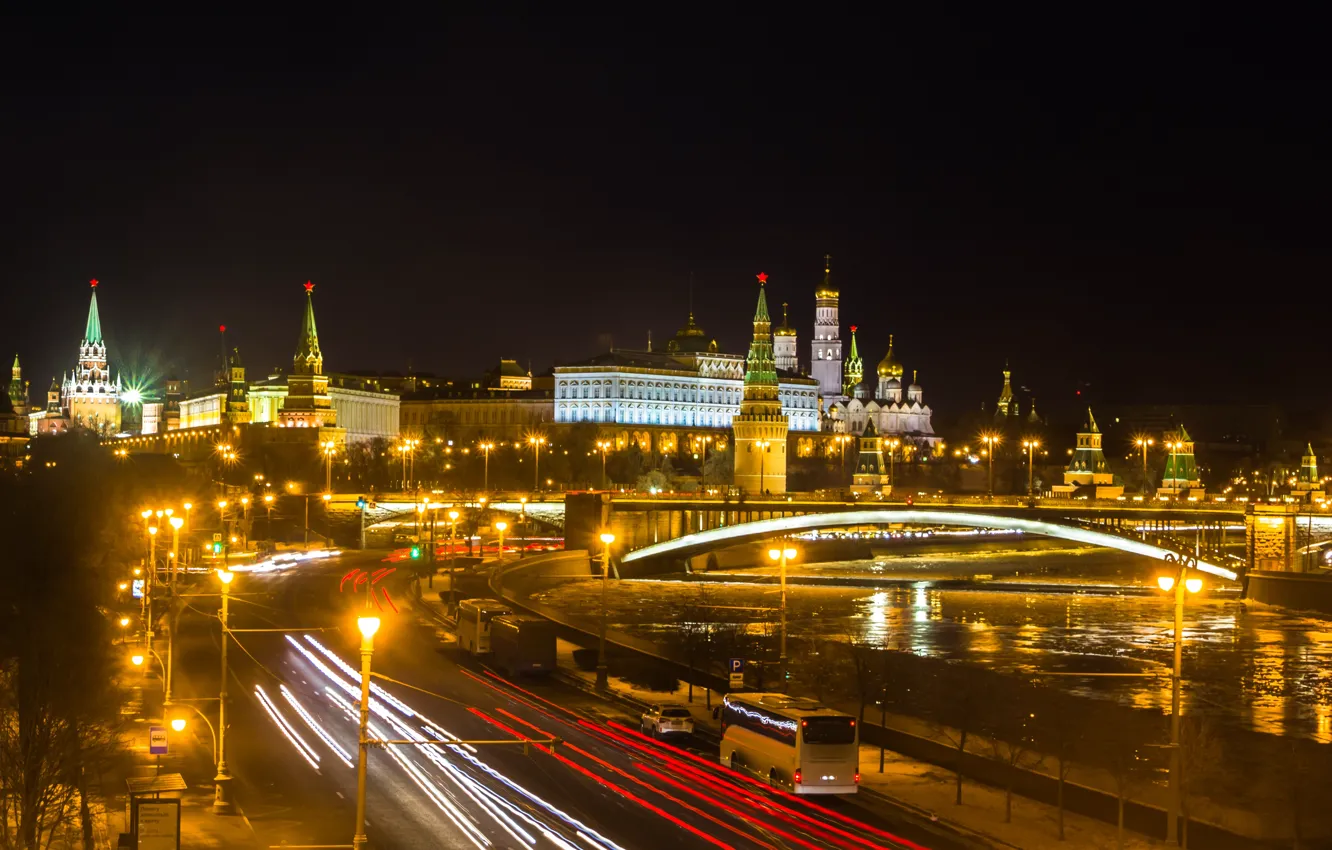 Фото обои ночь, город, огни, река, Москва, Кремль, Russia, Moscow