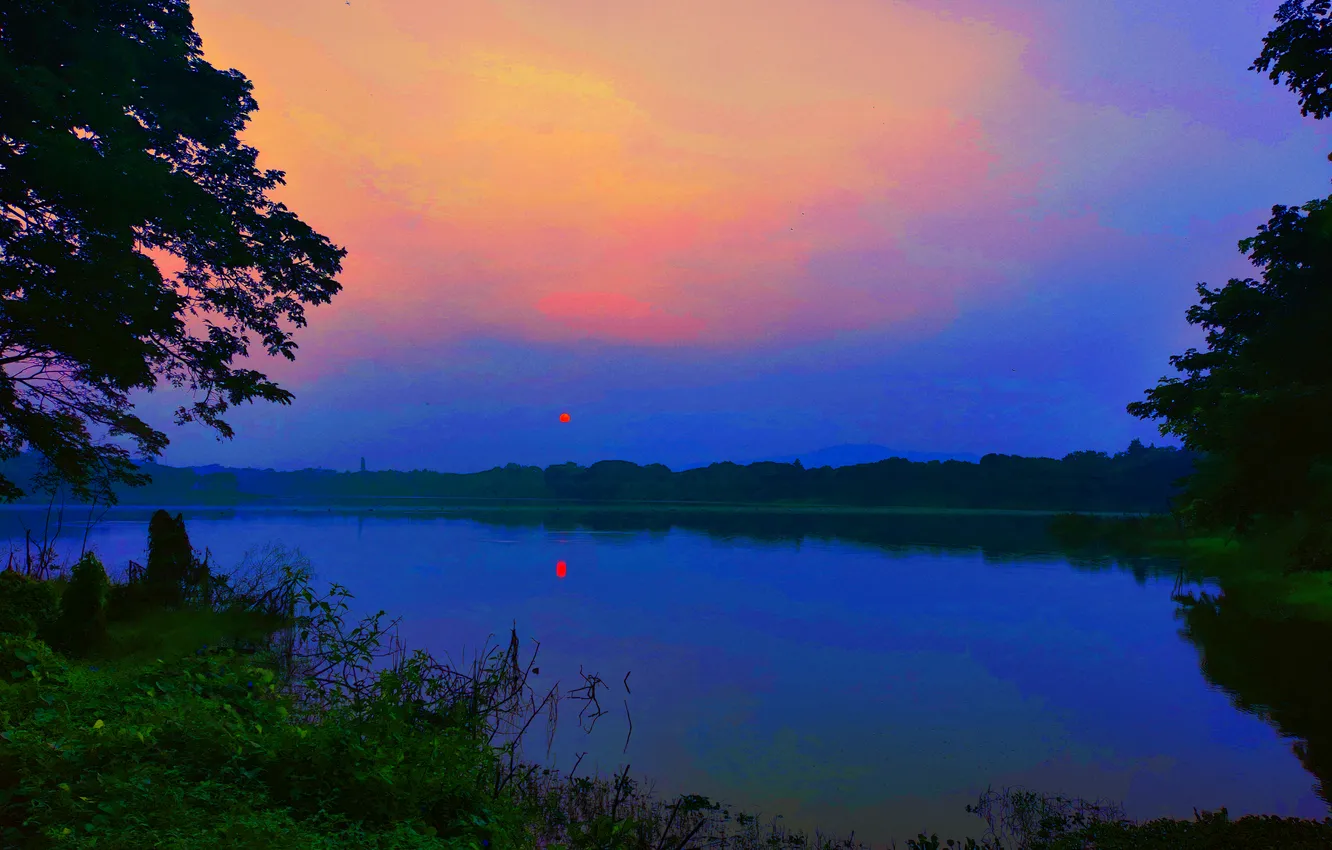 Фото обои Sky, Sun, Water, Dawn, Morning, Lake, Trees, Reflection