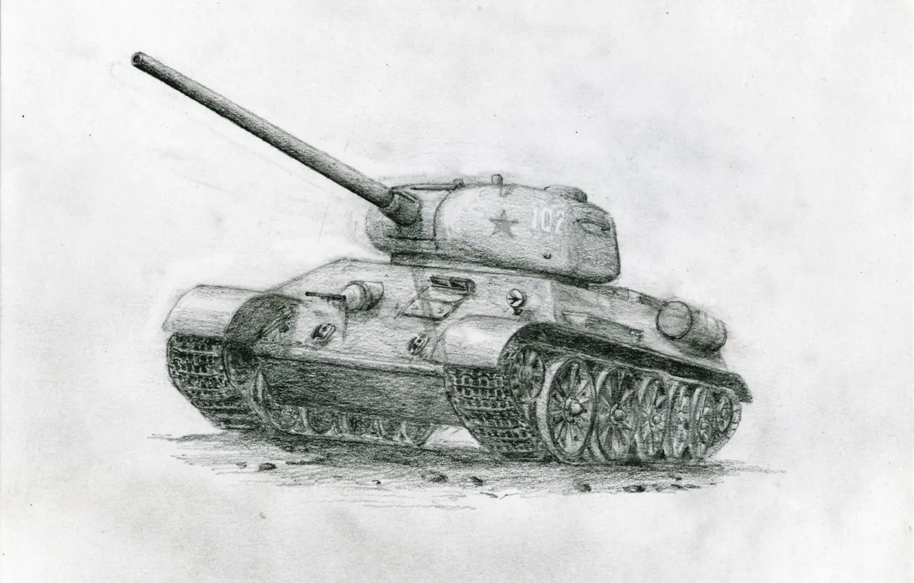 Фото обои карандашный рисунок, Советский танк, Т-34