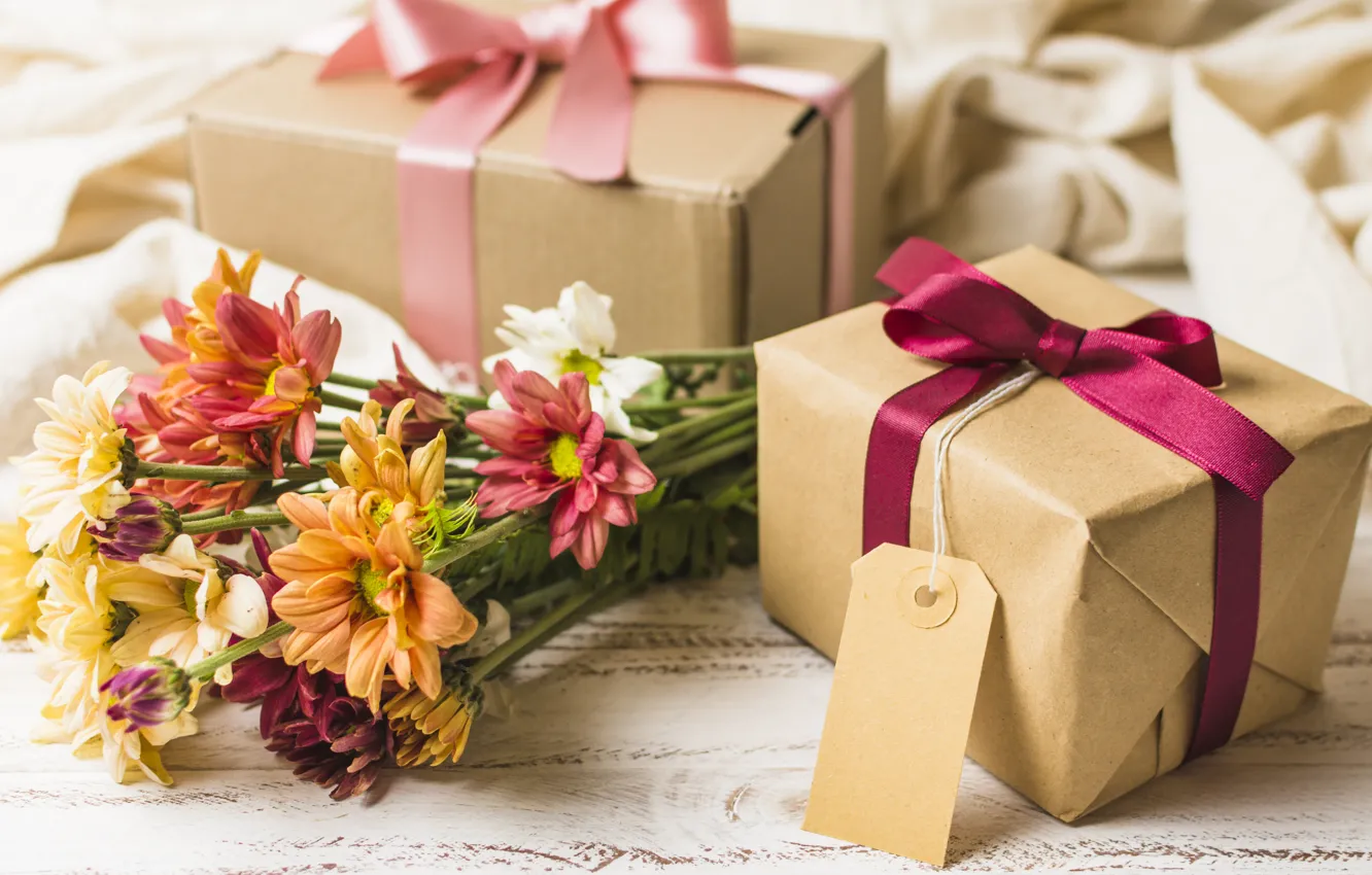 Фото обои цветы, подарок, букет, colorful, хризантемы, flowers, gift box
