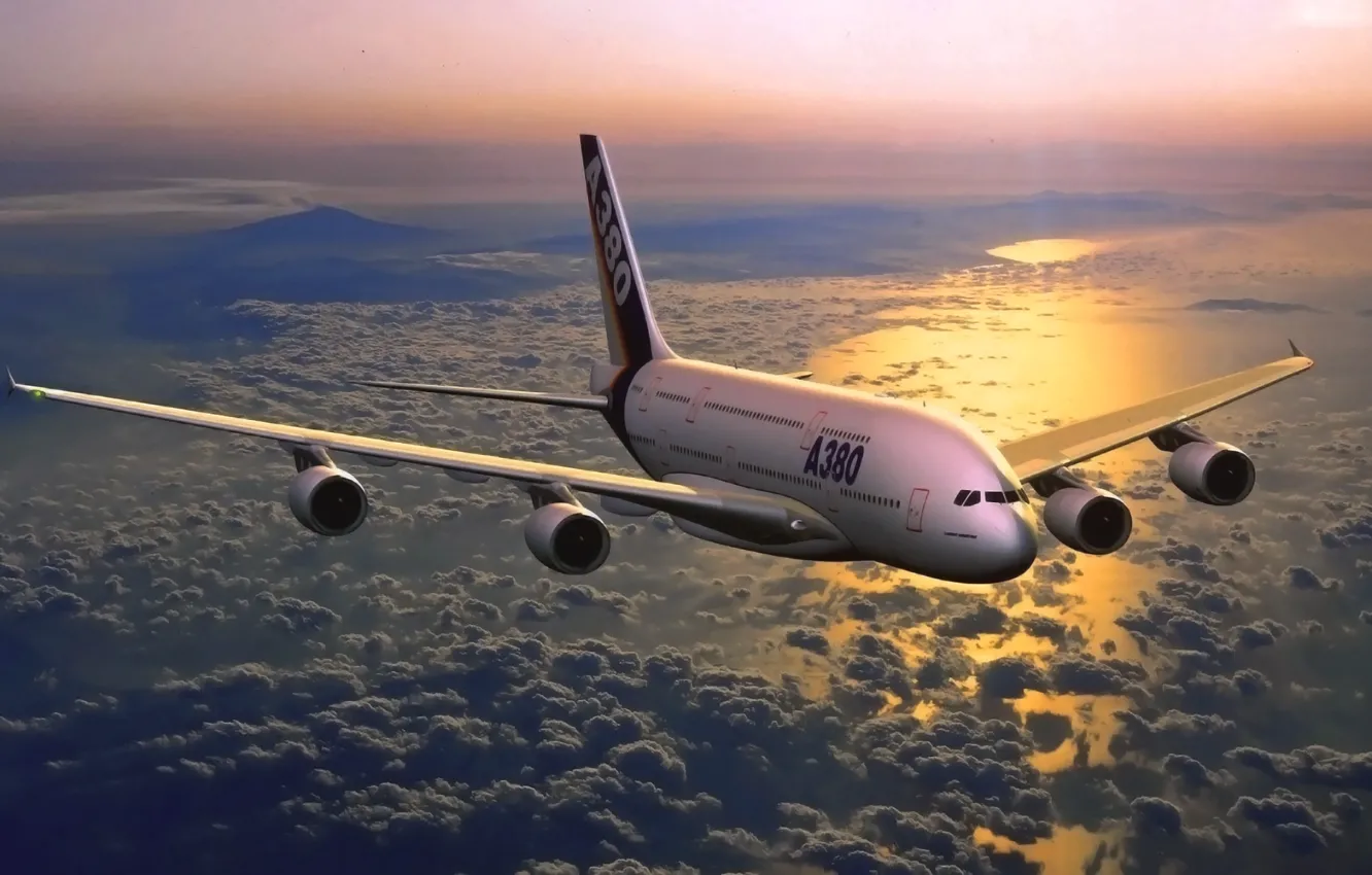 Фото обои Закат, Небо, Море, Самолет, Авиация, A380, Airbus, В воздухе