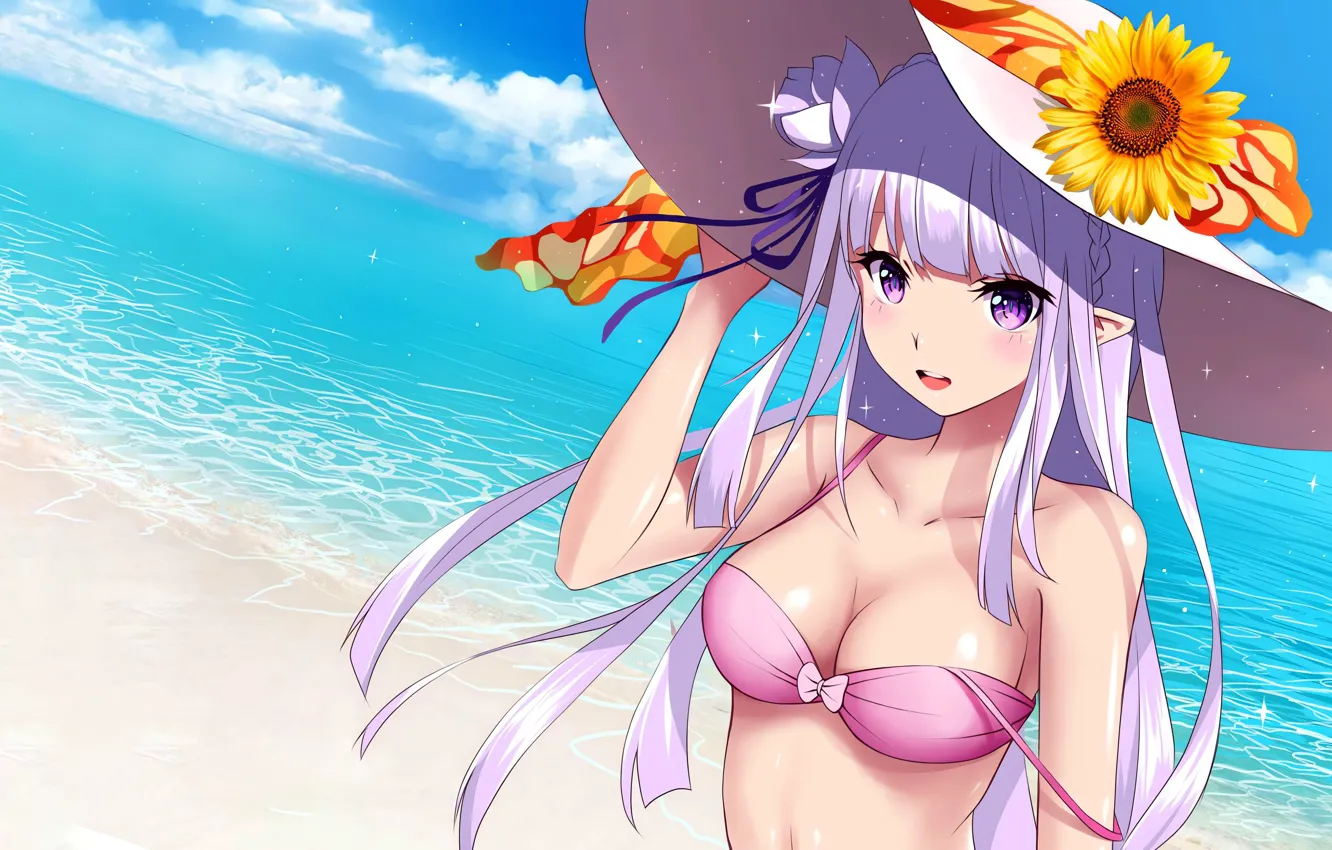 Фото обои girl, sexy, cleavage, beach, long hair, sea, hat, boobs