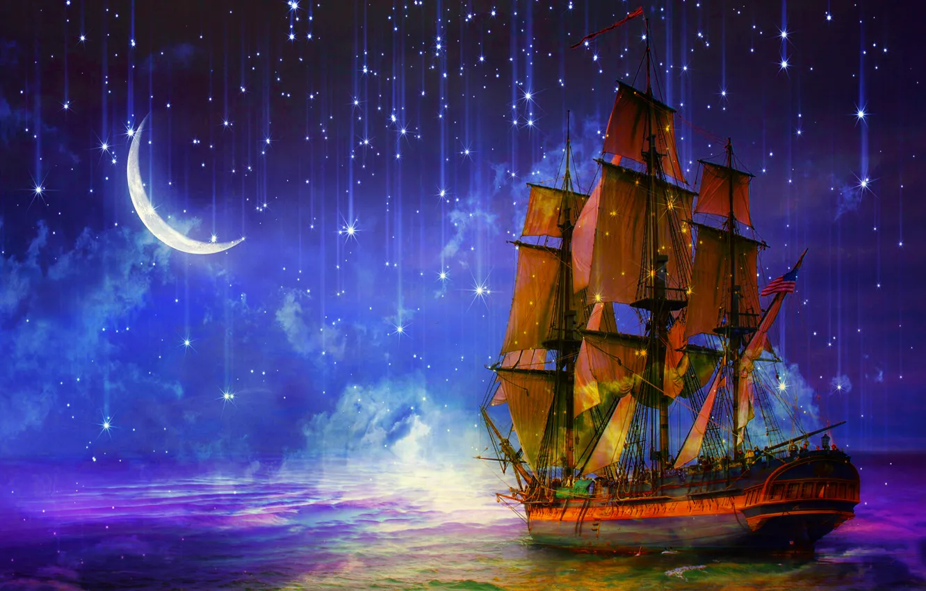 Фото обои море, ночь, корабль, парусник, звёзды, art, полумесяц