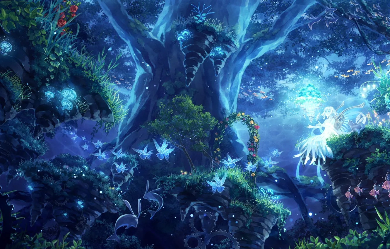 Фото обои лес, девушка, деревья, рыбки, цветы, ночь, природа, грибы