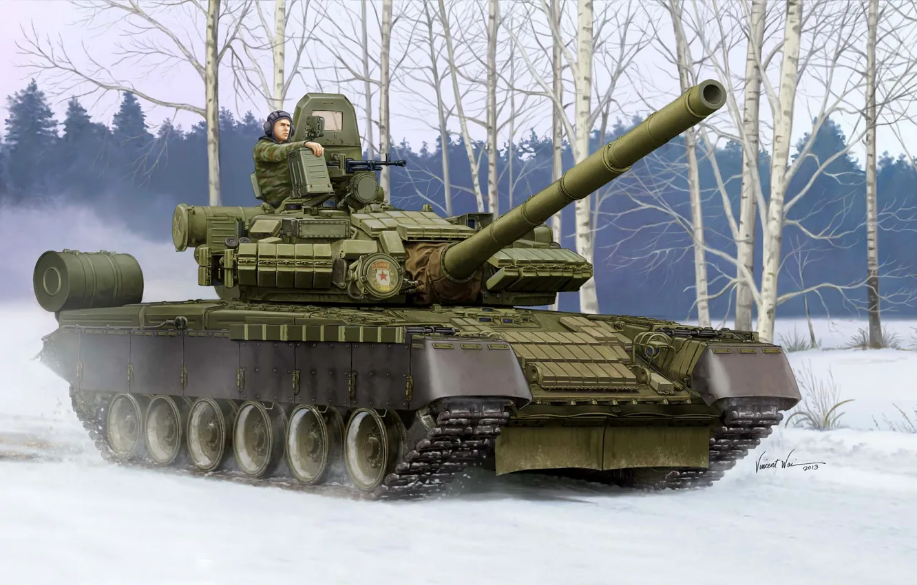 Фото обои зима, дым, защита, арт, художник, танк, Кобра, корпус