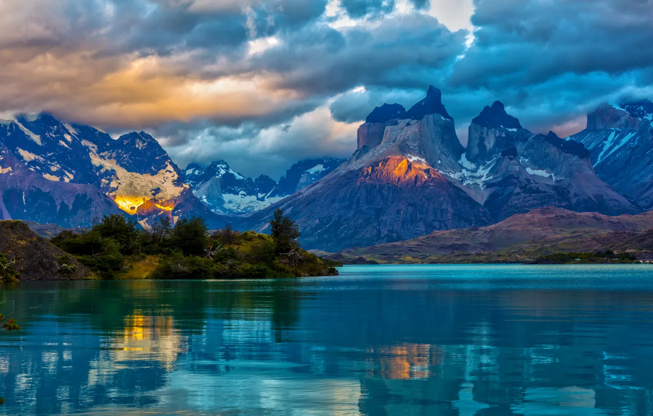 Фото обои облака, горы, озеро, скалы, красота, вечер, Чили, Patagonia