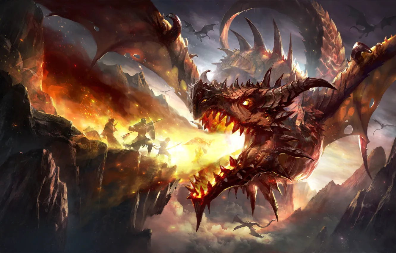 Фото обои fire, fantasy, Dragon, horns, armor, wings, mountains, rocks