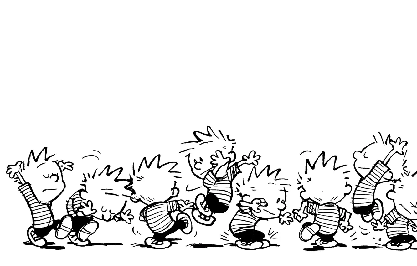 Фото обои ч/б, комикс, прыгает, танцует, Calvin, Кельвин