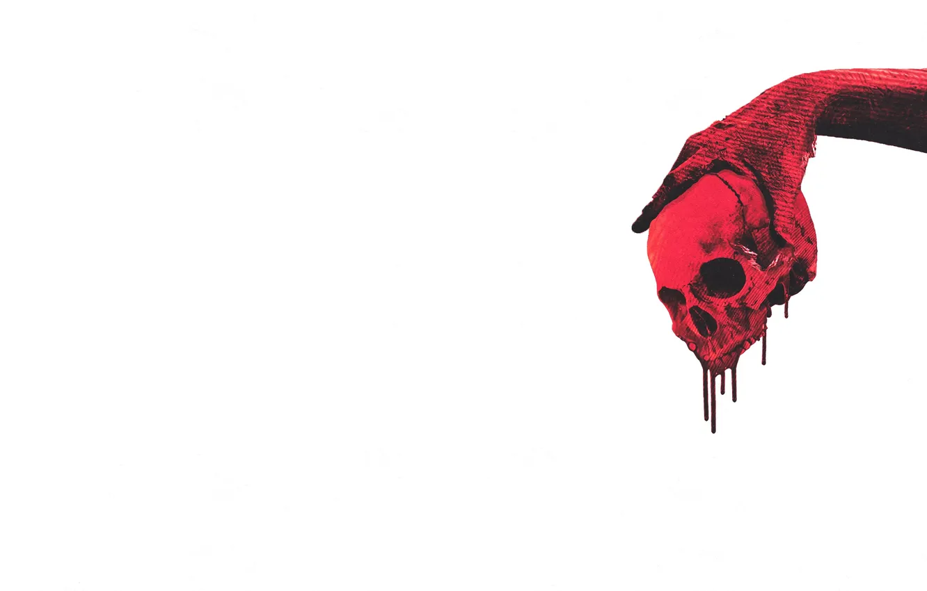 Фото обои кровь, череп, рука, минимализм, белый фон, skull, blood, minimalism
