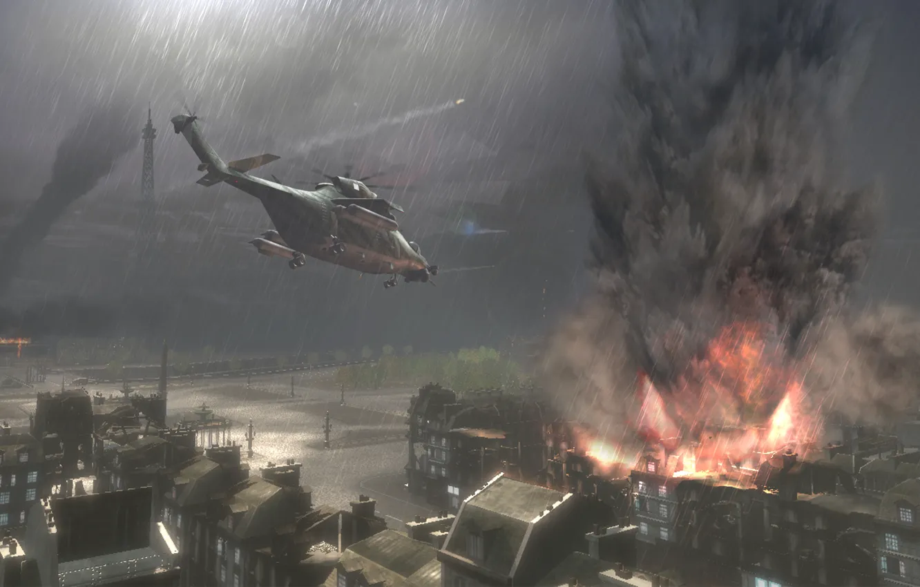 Фото обои дождь, здания, взрывы, вертолет