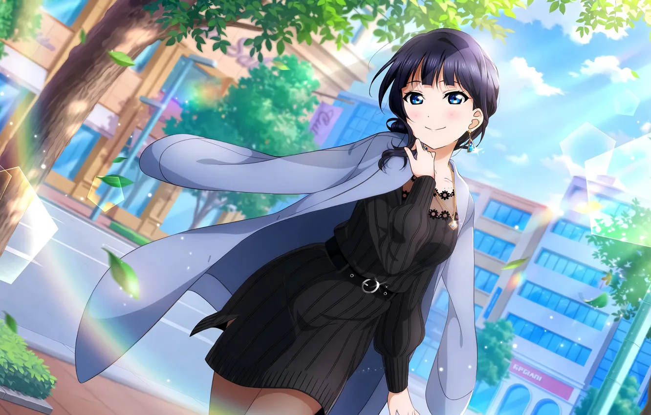 Фото обои girl, dress, boobs, anime, blue eyes, beautiful, short hair, pretty