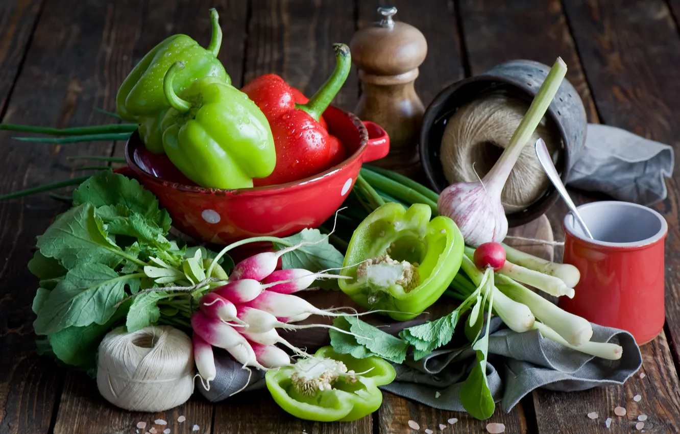 Фото обои еда, food, чеснок, pepper, редиска, Anna Verdina, garlic, radishes