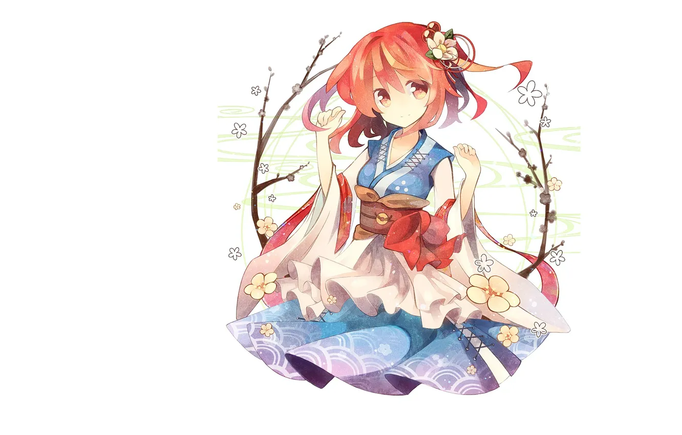 Фото обои белый фон, рыжая, кимоно, art, цветок в волосах, Touhou Project, Проект Восток, ветки дерева