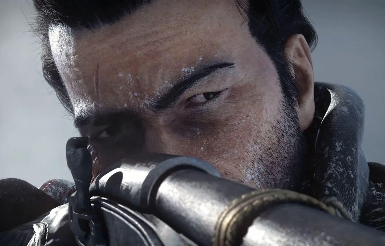 Фото обои взгляд, лицо, винтовка, шрам, целится, Assassin's Creed, Rogue, Изгой