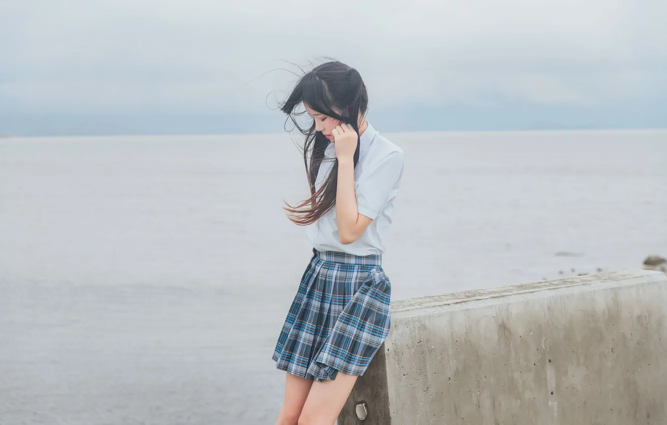 Фото обои Beautiful, Asian, Model, Coast, Water, Woman, Ocean, Sea