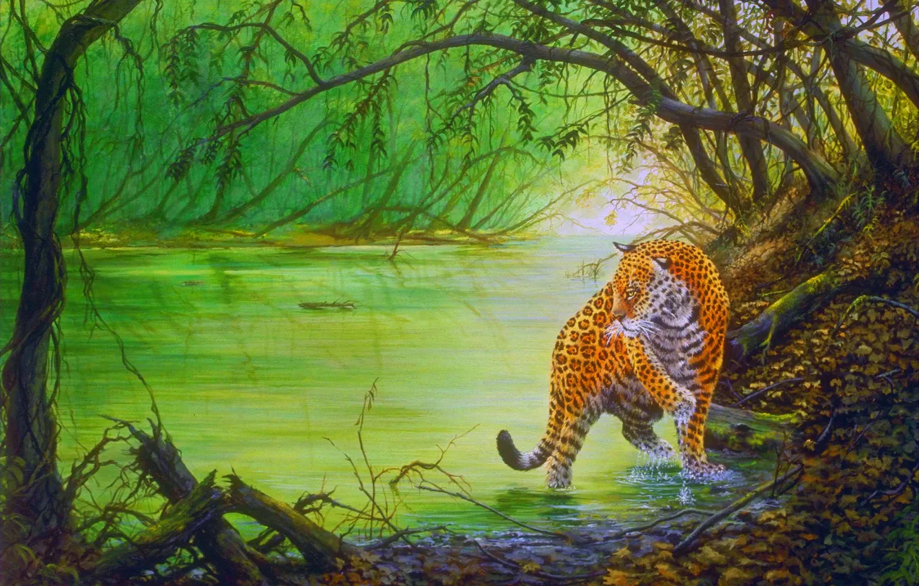 Фото обои Леопард, Вода, Деревья, Хищник, Джунгли, Арт, Речка, Большая кошка