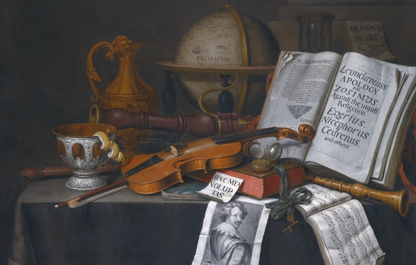 Фото обои масло, холст, лимонной цедрой и музыкальными инструментами, Evert Collier, Натюрморт с глобусом, Edwaert Collier