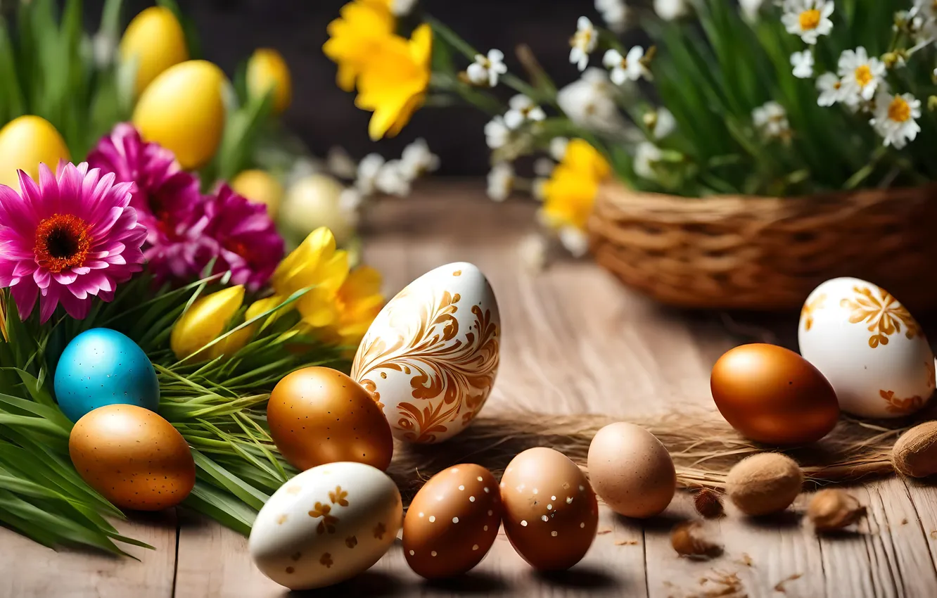 Фото обои цветы, яйца, весна, colorful, Пасха, happy, flowers, spring