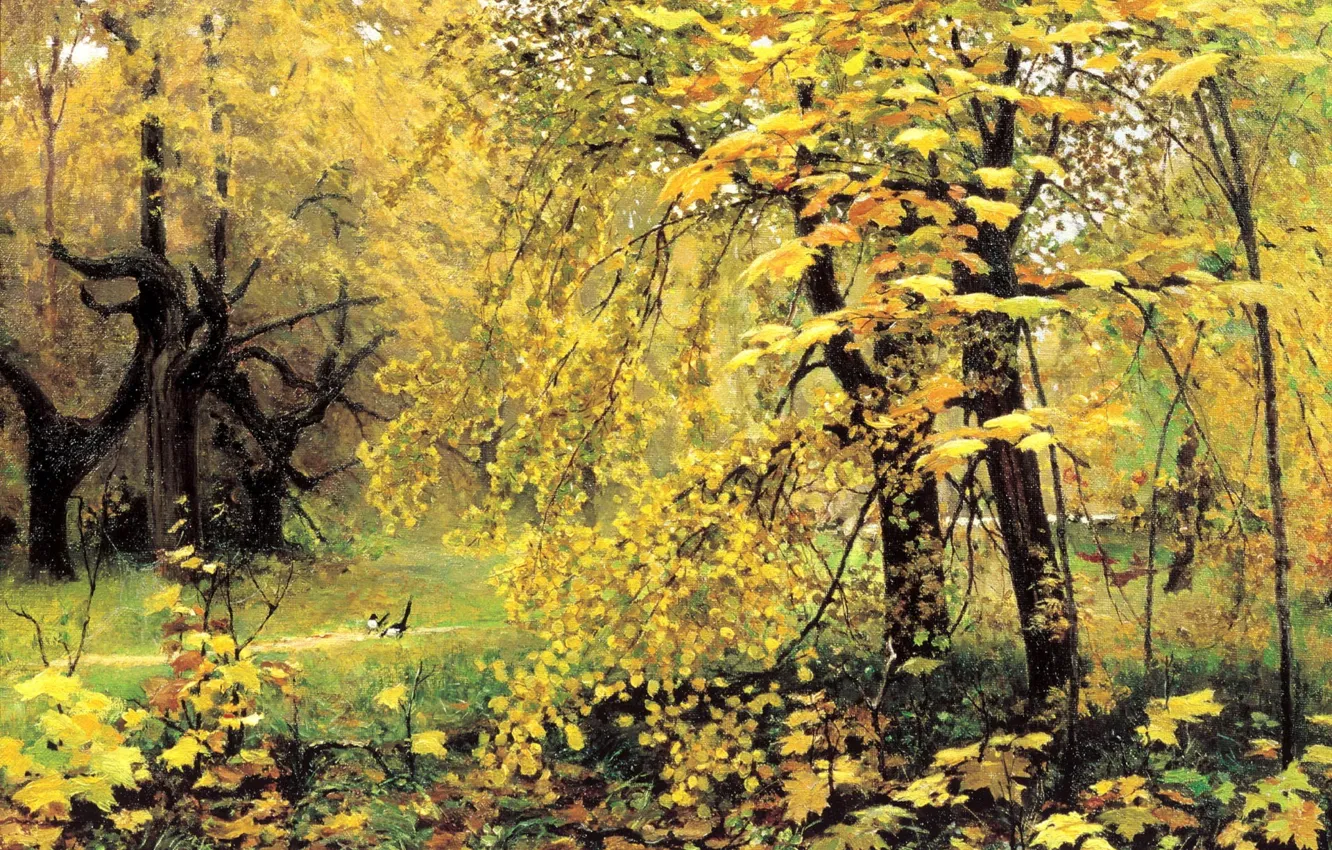 Фото обои лес, пейзаж, природа, рисунок, картина, живопись, золотая осень, Остроухов