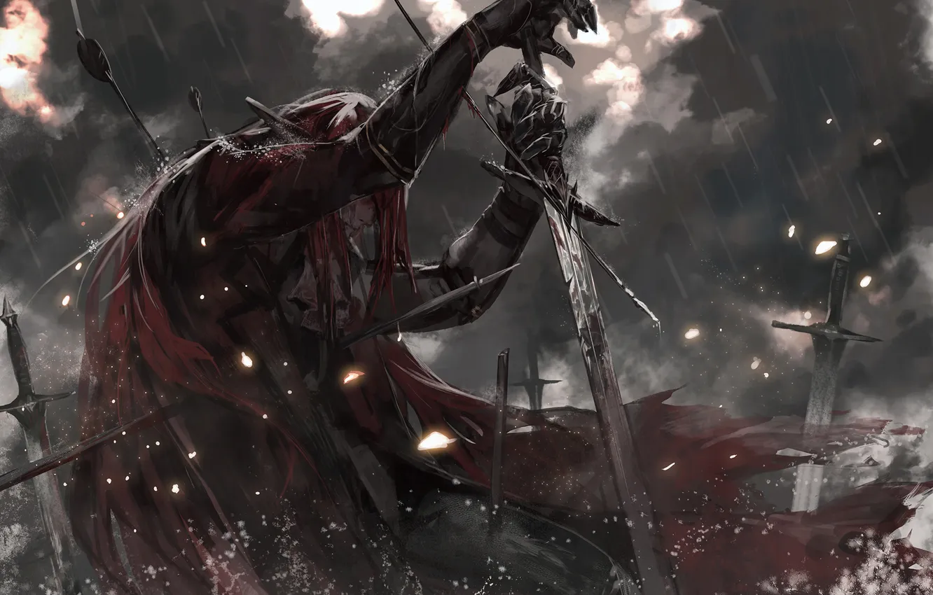 Фото обои меч, арт, парень, плащ, pixiv fantasia, alcd, стрелы? дождь