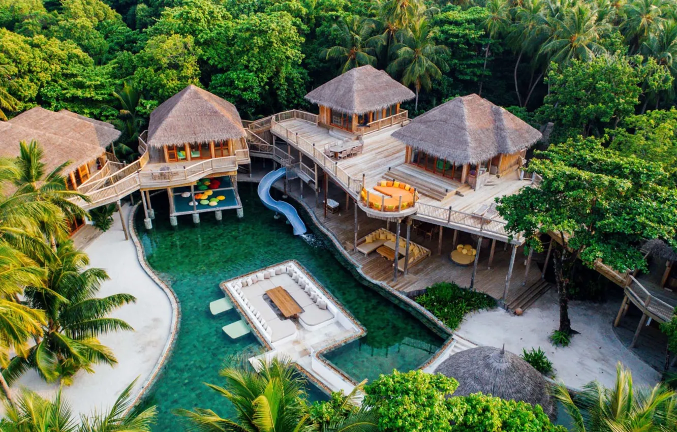 Фото обои бассейн, Мальдивы, отель, бунгало, Soneva Fushi