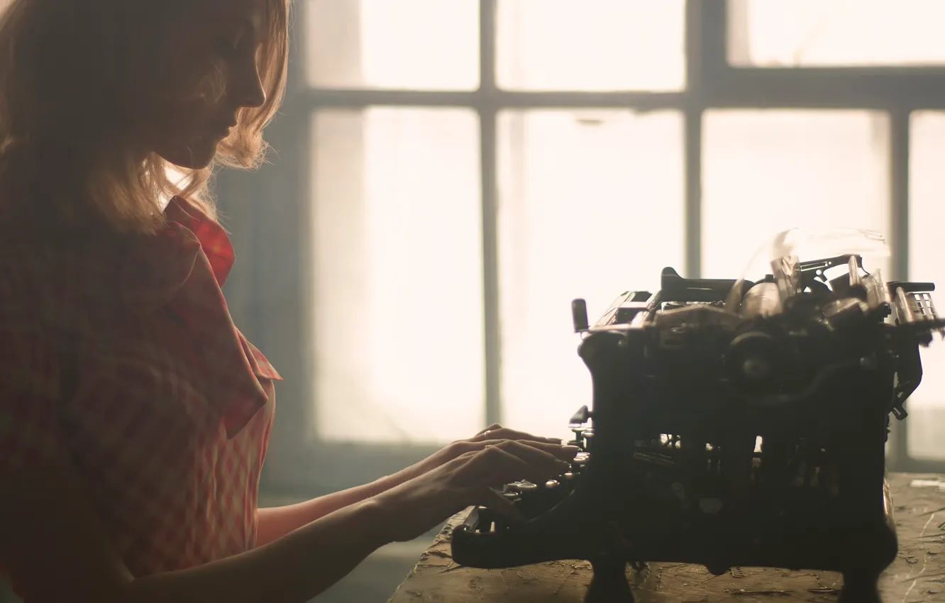 Фото обои девушка, ретро, винтаж, пишущая машинка