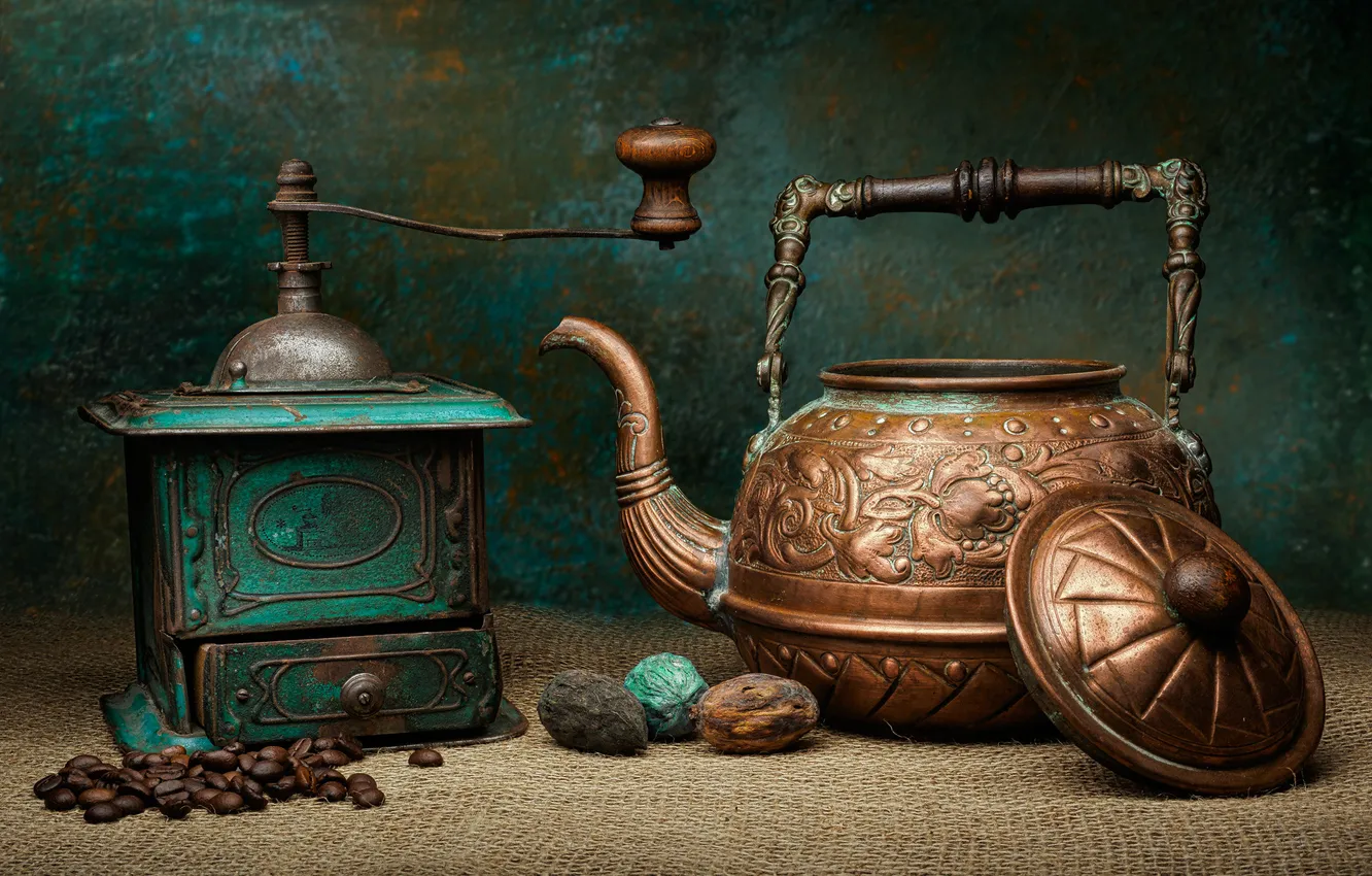 Фото обои кофе, чайник, натюрморт, кофейные зёрна