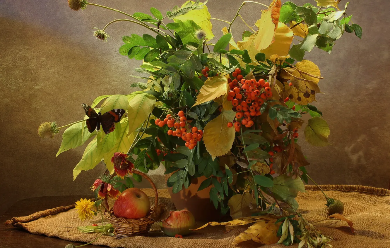 Фото обои осень, листья, ветки, стол, бабочка, яблоки, букет, ваза