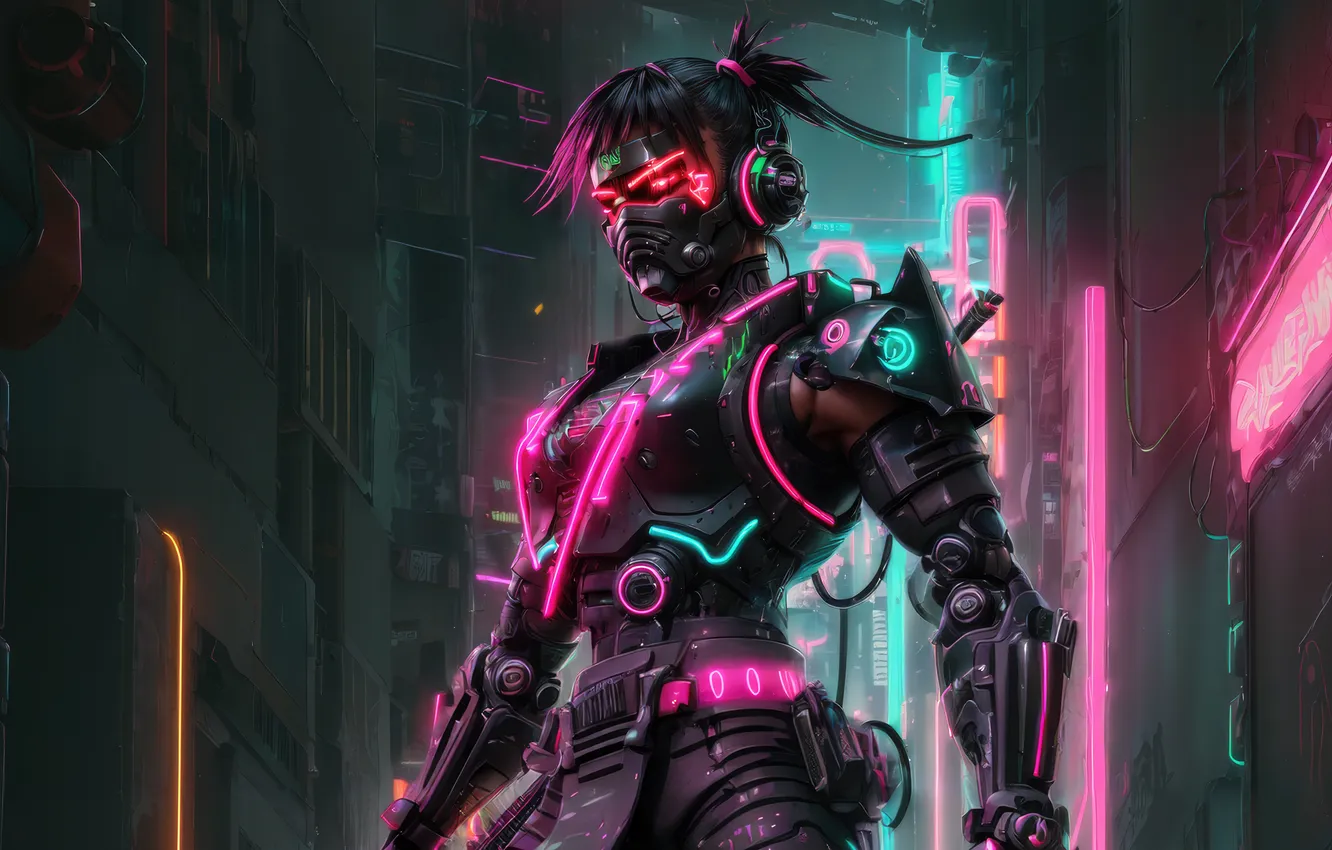 Фото обои fantastic, neon, samurai