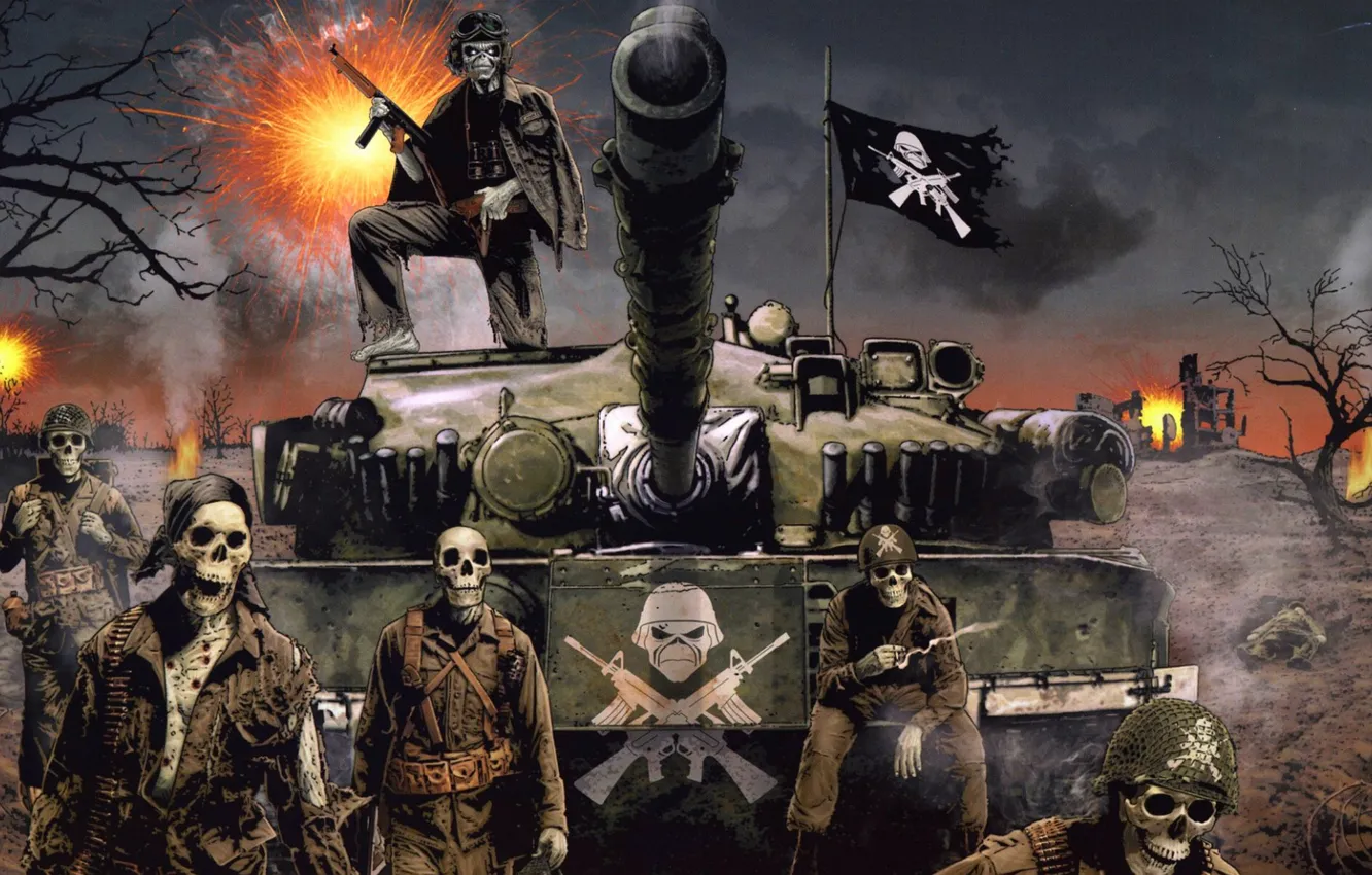 Фото обои Флаг, Солдаты, Пушка, Танк, Взрывы, Tank, Скелеты, Skulls