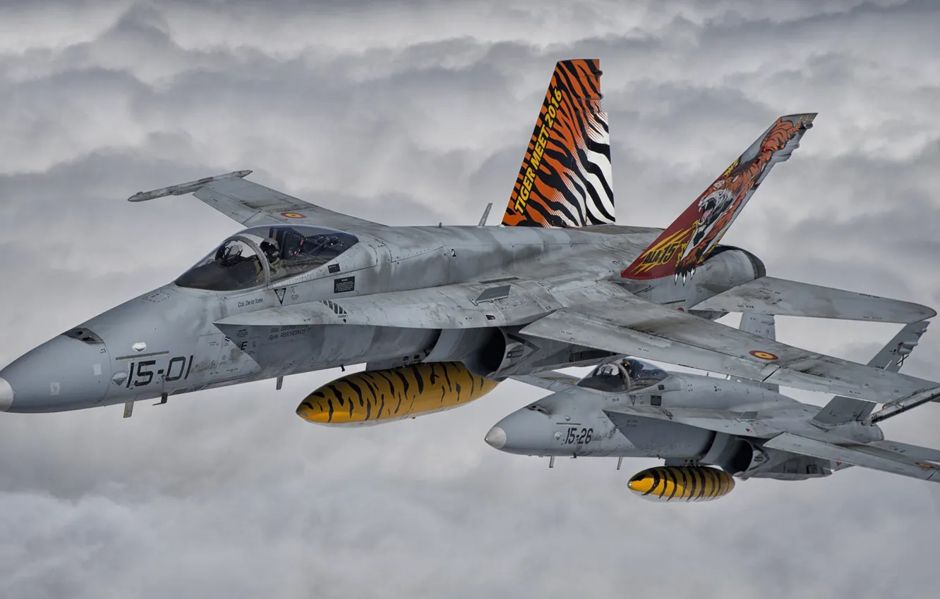 Фото обои Истребитель, Пилот, Облока, F/A-18 Hornet, Кокпит, ВВС Испании, ПТБ