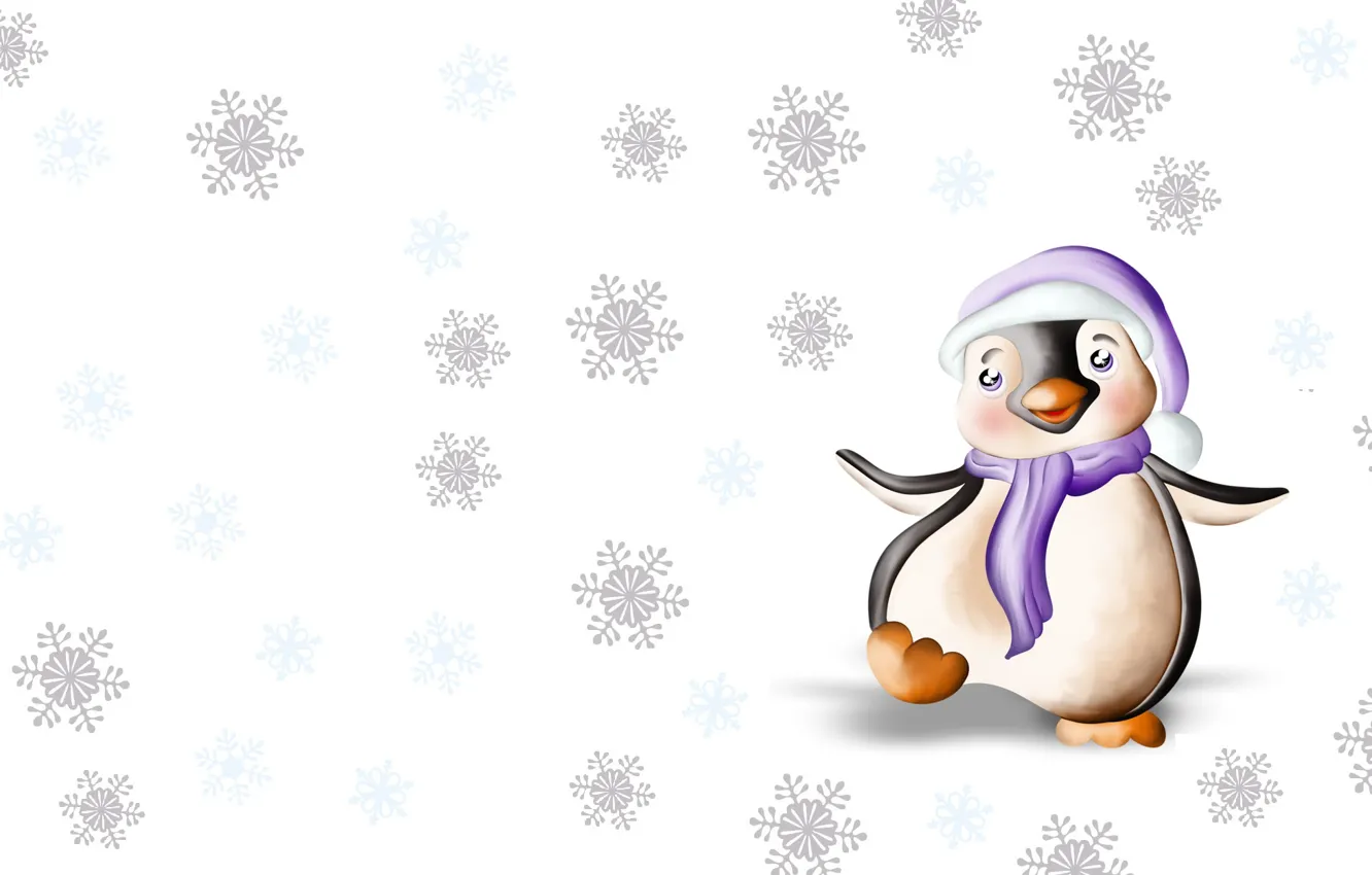 Фото обои зима, снежинки, настроение, танец, арт, пингвин, детская. праздник. Новый год